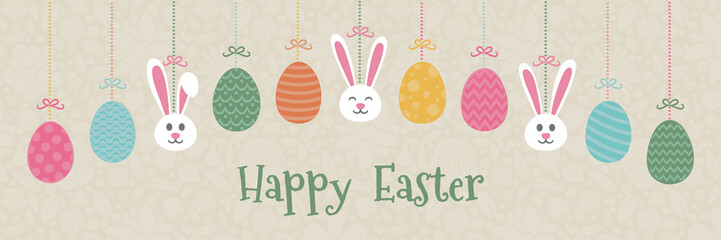Hand drawn Easter decoration with bunnies, eggs and greetings. Vector.