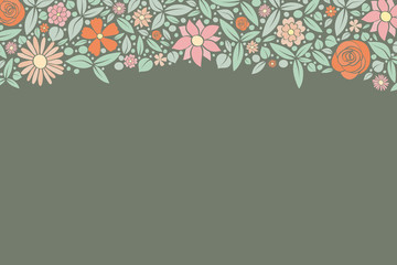 Vintage poster with hand drawn flowers and copyspace. Spring and birthday background. Vector.