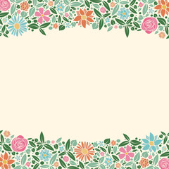Fototapeta na wymiar Multicoloured background with cute flowers and copyspace. Spring background. Vector.