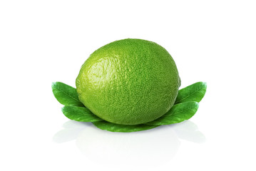 Lime with leaves isolated on white background with drop shadow.