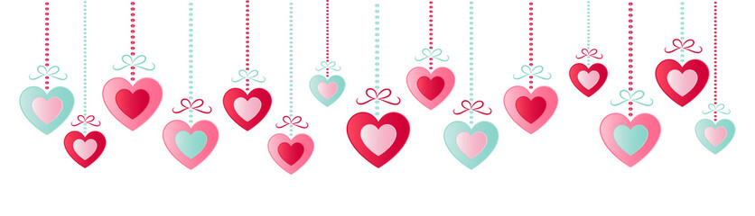 Hanging hearts - concept of a panoramic banner. Valentine's Day, Mother's Day or Women's Day. Vector.