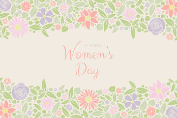 Women's Day - card with hand drawn flowers and wishes. Vector.