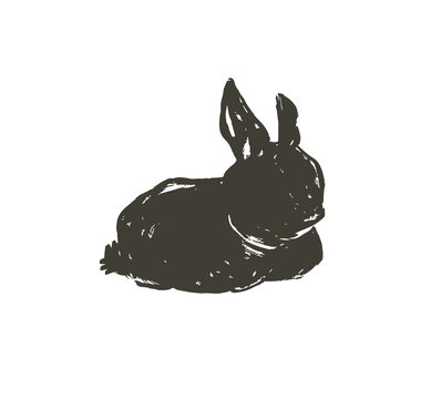Hand drawn vector abstract sketch graphic scandinavian ink freehand textured black sihouette Happy Easter cute simple bunny illustrations greeting design element isolated on white background
