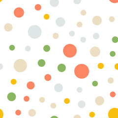 Colorful polka dots seamless pattern on white 5 background. Mind-blowing classic colorful polka dots textile pattern. Seamless scattered confetti fall chaotic decor. Abstract vector illustration.