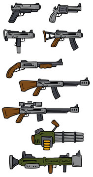 Cartoon weapons and firearms vector icons