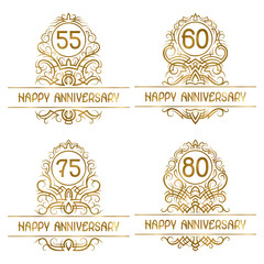 Set of golden anniversary vintage emblems for fifty five, sixty, seventy five, eighty years.