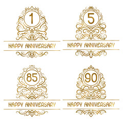 Set of golden anniversary vintage emblems for one, five, eighty five, ninety years.