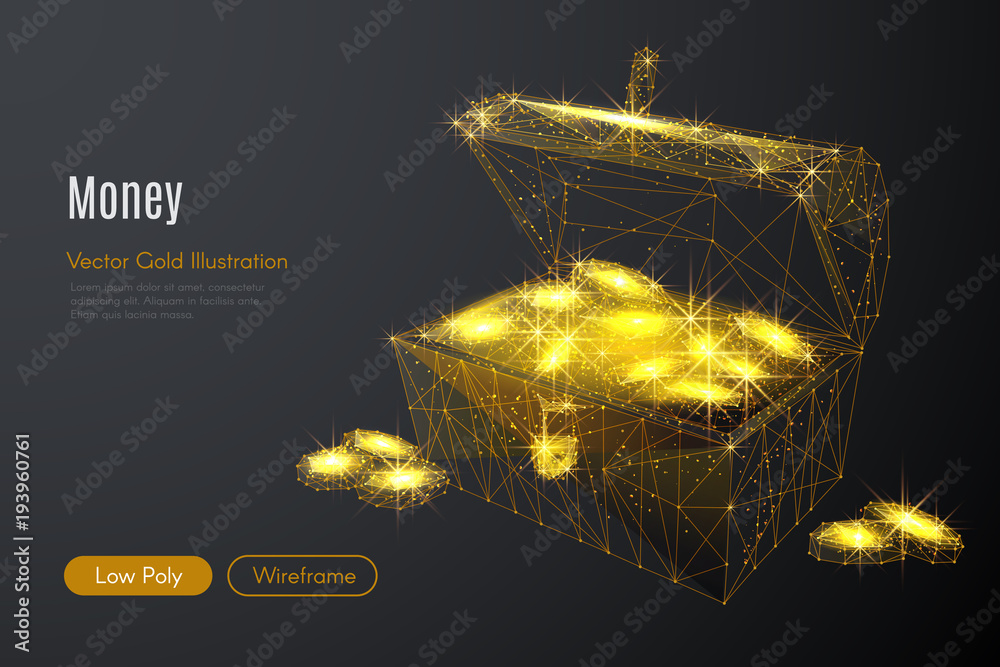 Poster abstract image of a chest of gold in the form of a starry sky or space, consisting of points, lines,