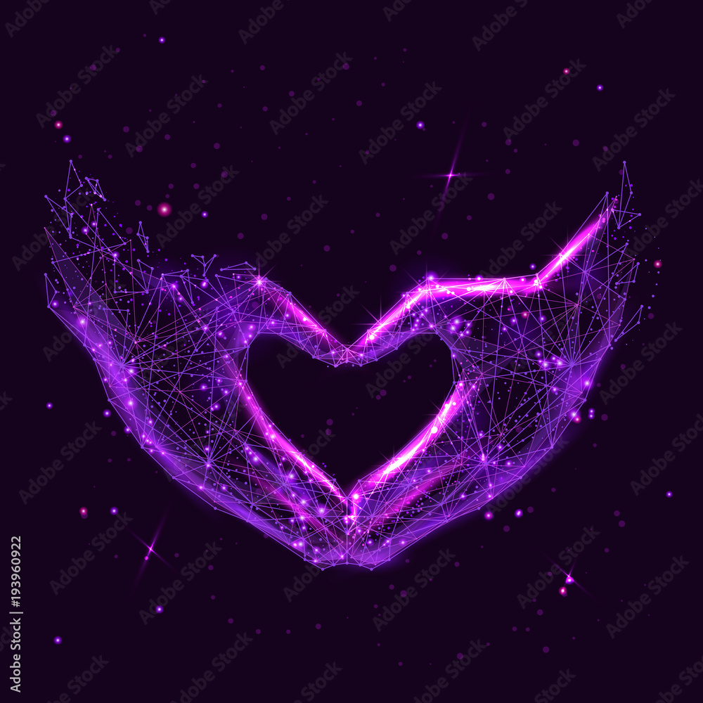 Leinwandbilder Abstract image of a Love shape hands in the form of a starry sky or space, consisting of points, lines, and shapes in the form of planets, stars and the universe. Vector Hand making sign Heart