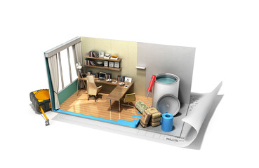 Concept of repair work isometric low poly home room renovation icon 3d render on white