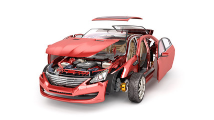 Details of the red car on a white background 3D render