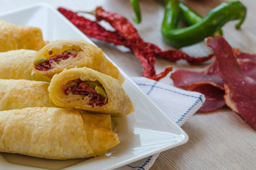 Turkish Pacanga Boregi with pastirma and cheese. / Pastirmali Borek