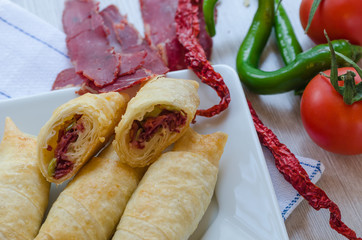 Turkish Pacanga Boregi with pastirma and cheese. / Pastirmali Borek