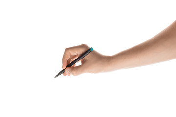 Male hand writing with the marker or felt pen. Isolated on white background.