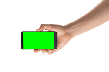 Male hand holds black smartphone. Isolated screen with chroma key and all isolated on white background.