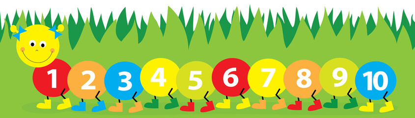 Happy, cute cartoon caterpillar with a hat and flowers / numbers ...
