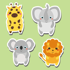 Cute kawaii animals stickers set. Vector illustration. Giraffe, elephant, koala, lion