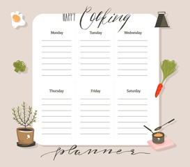 Hand drawn vector abstract modern cartoon cooking studio class illustrations weekly cooking planner and recipe card templete with handwritten calligraphy quotes isolated on white background