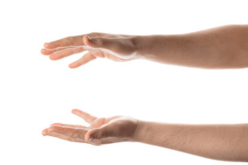 Man hand hold, grab or catch some object, hand gesture. Isolated on white background.