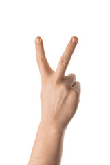 Male hand with victory gesture, hand gesture. Isolated on white background.