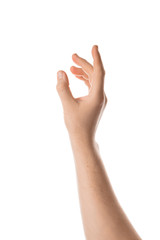 Obraz premium Man hand hold, grab or catch some object, hand gesture. Isolated on white background.