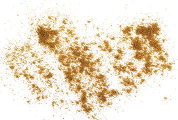Turmeric (Curcuma), curry powder pile isolated on white background, top view