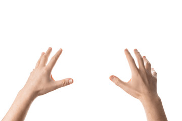 Man hand hold, grab or catch some object, hand gesture. Isolated on white background.