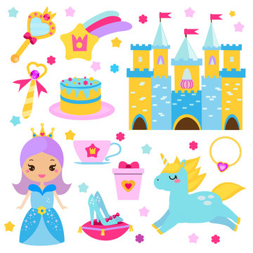 Children princess party design elements. Stickers, clip art for girls. Unicorn, castle, shoes and other fairy symbols