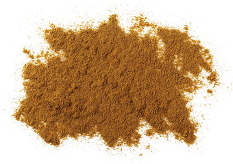 Turmeric (Curcuma), curry powder pile isolated on white background, top view