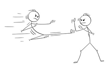 Cartoon stick man drawing illustration of karate or kung fu high kick fight or training. © Zdenek Sasek