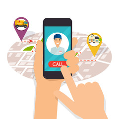 Hand holding mobile smart phone with app delivery tracking. Vector modern flat creative info graphics design on  application.