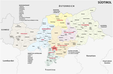 Administrative and political map of the Italian province of South Tyrol in German language