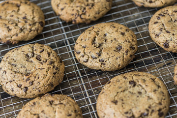 Freshly Baked Chocolate Cookies on Cooling Rack. Sweet Biscuits. Homemade pastry.