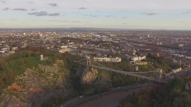 Clifton Suspension Bridge, Bristol Cityscape, Aerial Drone Footage