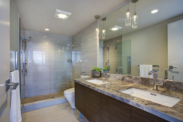 Modern high-rise master bathroom with dual vanity cabinet