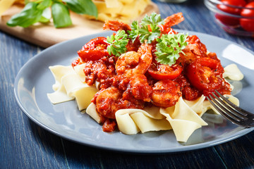 Pappardelle pasta with shrimp, tomatoes and herbs
