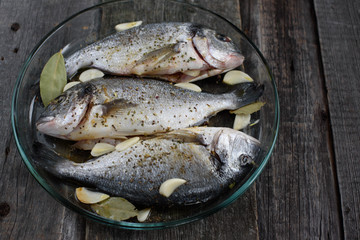 Dorado fish on a glass dish for baking, wooden background