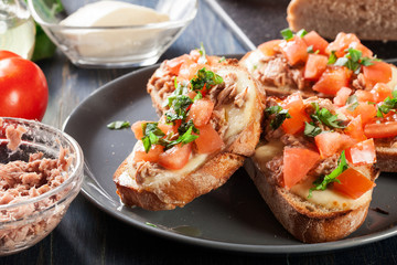 Appetizer bruschetta with tuna, mozarella cheese and tomatoes