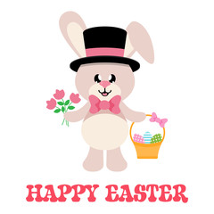 cartoon easter bunny with tie and hat and basket easter egg and flowers with text