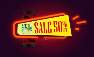 Sale banner with red neon lights lamp and piece of paper for your offer text. retro sale and discount banner. Vector illustration