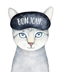Grey striped kitty character portrait wearing black sleeping mask with word "Bonjour" (greeting in French language). Smiling and sweet. Hand drawn watercolour picture on white background, isolated. © Julija