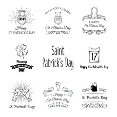 St Patricks day labels set. Calendar, clover, leprechaun, four leafy, Ireland, green, beard, horseshoe, flag, beer, ale, Saint Patrick