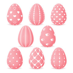 set of Easter eggs with pink hearts. Realistic style. Objects for your design. Vector illustration.