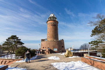 Kolobrzeg, Poland - the lighthouse, one of the symbols of Kolobrzeg, in beautiful winter scenery