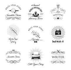 Writer vintage labeles and badges set. Arts Design Elements. Isolated On White