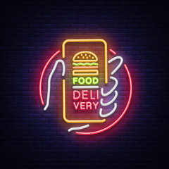 Food Delivery neon sign. Smartphone in hands, ordering food through smartphone, symbol in neon style, light banner, bright night neon advertising food delivery. Design template. Vector illustration