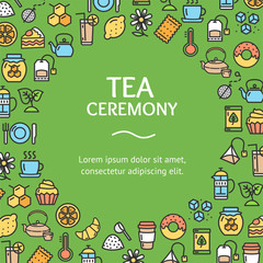 Obraz premium Tea Ceremony Round Design Template Line Icon Concept. Vector