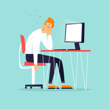 Businessman fell asleep in the workplace. Business characters. Workplace. Office life. Flat design vector illustration.