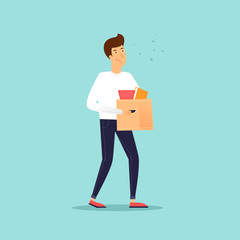Man carries a box of things. Business characters.  Dismissal. Office life. Flat design vector illustration.