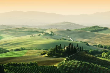 Fotobehang Toscane landschap bij zonsopgang. Toscaanse boerderij, wijngaard, heuvels. © Photocreo Bednarek